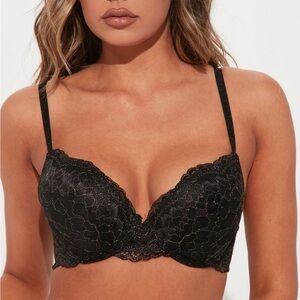Fashion Nova Flirty Girly Black Lace Push Up Bra, Size 38C
